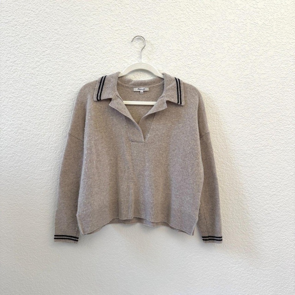 Madewell Beige V-Neck Sweater with Black Trim